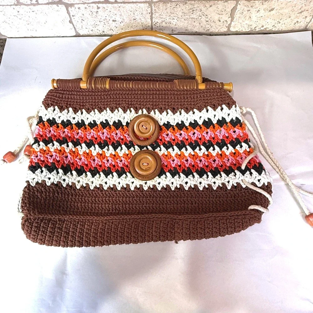 Vintage Handmade Crochet Handbag‎ Boho Hippie Purse Plastic Handles Retro